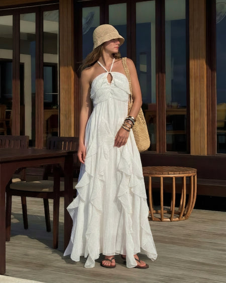 Maelle Ruffle Maxi Dress - front full-length shot, white - Miss Mosa By Akanksha