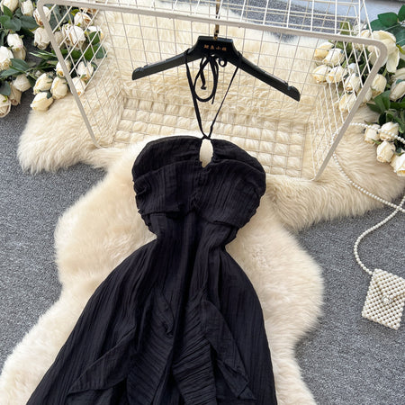 Maelle Ruffle Maxi Dress - flat-lay bodice detail shot, black - Miss Mosa By Akanksha