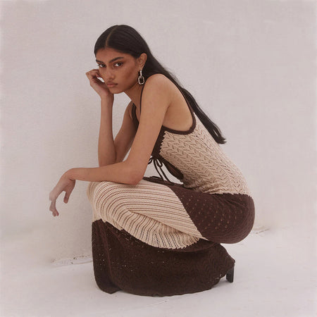 Maeve Crochet Holiday Maxi Dress - seated shot, brown and cream - Miss Mosa By Akanksha