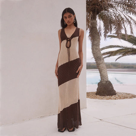 Maeve Crochet Holiday Maxi Dress - full-length shot, brown and cream - Miss Mosa By Akanksha