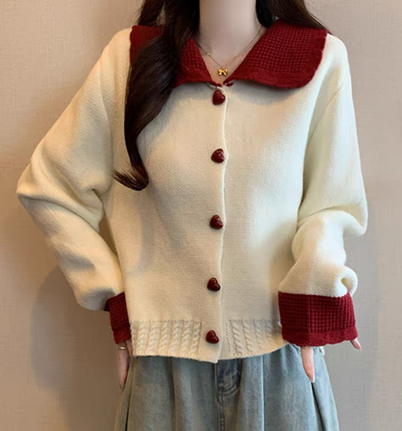 Mahina Luxe Soft Knit Cardigan - front shot on model, off-white and red - Miss Mosa By Akanksha