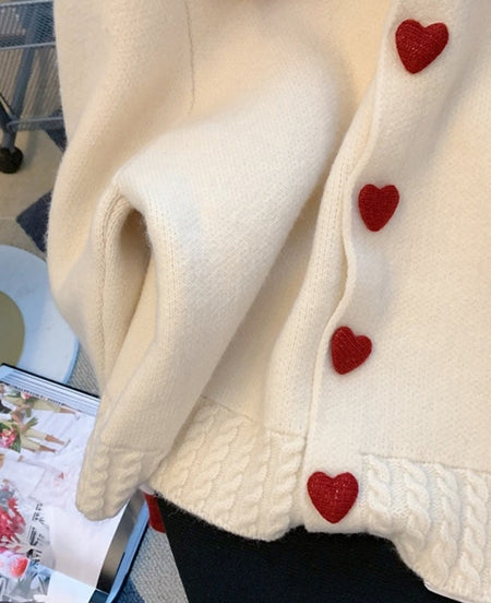 Mahina Luxe Soft Knit Cardigan - close-up of collar and button detail, off-white and red - Miss Mosa By Akanksha