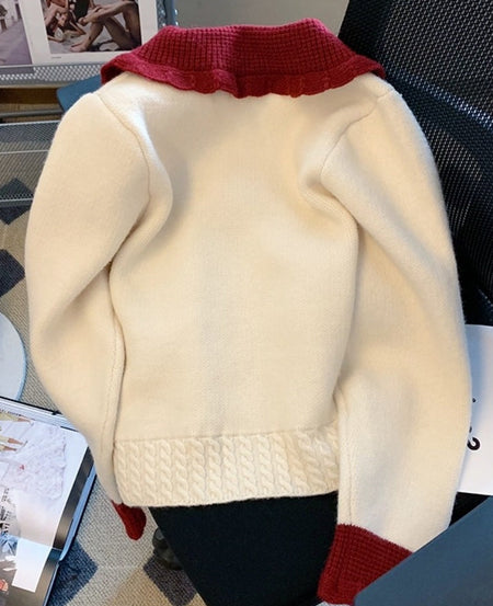Mahina Luxe Soft Knit Cardigan - back shot product shot, off-white and red - Miss Mosa By Akanksha