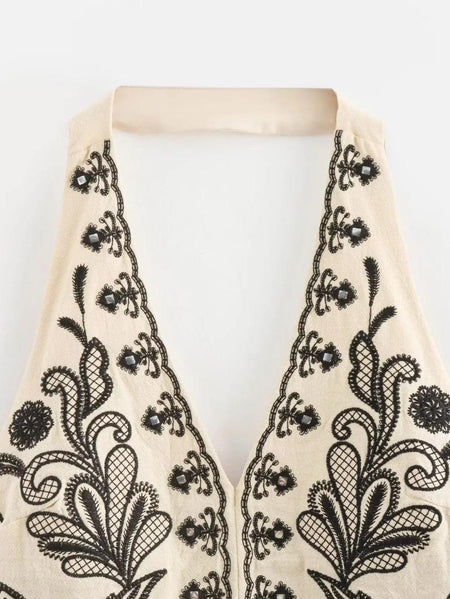 Maiko Halterneck Summer Top In Beige - close-up of neckline embroidery detail - Miss Mosa By Akanksha
