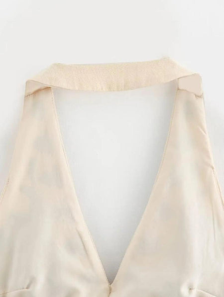 Maiko Halterneck Summer Top In Beige - close-up of neckline detail - Miss Mosa By Akanksha
