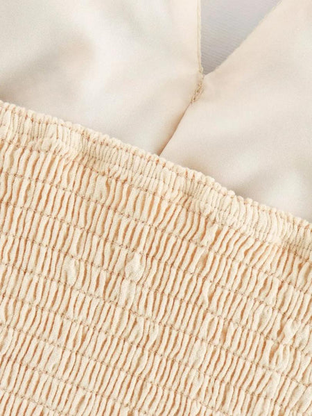 Maiko Halterneck Summer Top In Beige - close-up of shirred panel detail - Miss Mosa By Akanksha