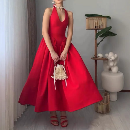 Maira Drop Waist Midi Dress in Red - front shot on model - Miss Mosa By Akanksha