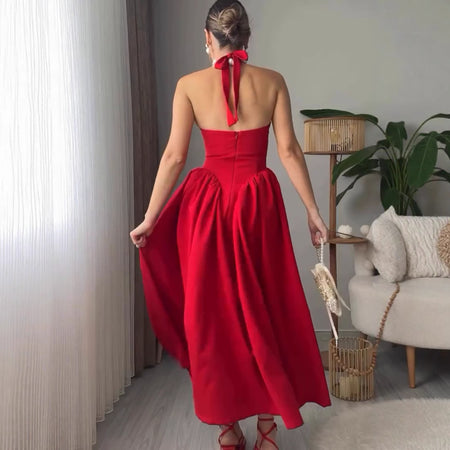Maira Drop Waist Midi Dress in Red - back shot on model - Miss Mosa By Akanksha
