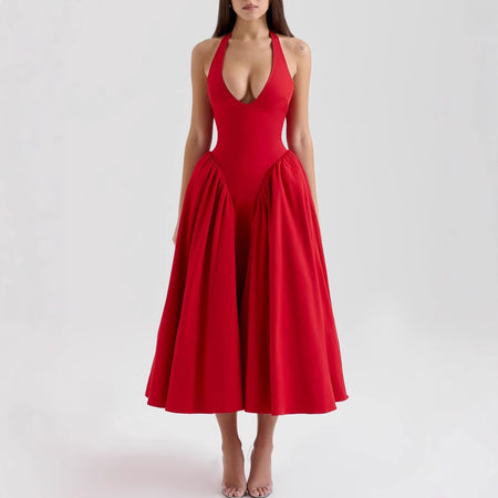 Maira Drop Waist Midi Dress in Red - front shot on model - Miss Mosa By Akanksha