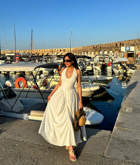 Maira Drop Waist Midi Dress in White - lifestyle shot on model, white - Miss Mosa By Akanksha