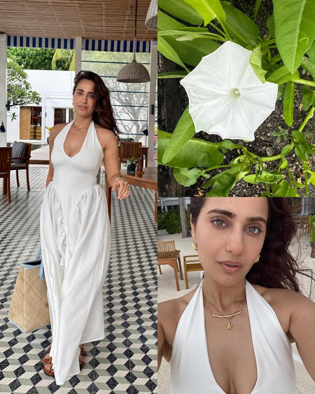 Maira Drop Waist Midi Dress in White - lifestyle shot on model, white - Miss Mosa By Akanksha