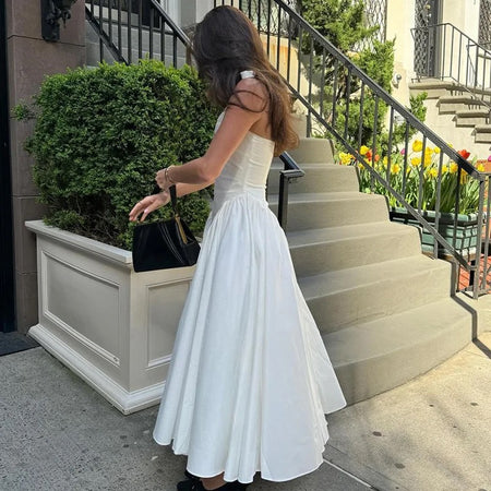 Maira Drop Waist Midi Dress in White - back shot on model, white - Miss Mosa By Akanksha