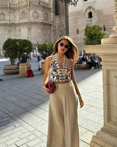 Mairo 2 Piece Coord Set - Resortwear Set In Beige - lifestyle shot on model, beige - Miss Mosa By Akanksha