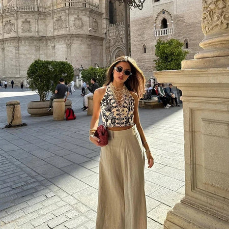 Mairo 2 Piece Coord Set - Resortwear Set In Beige - lifestyle shot on model, beige - Miss Mosa By Akanksha