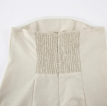 Maisie Offshoulder Holiday Tube Dress In Beige - close-up of shirred neckline back detail - Miss Mosa By Akanksha
