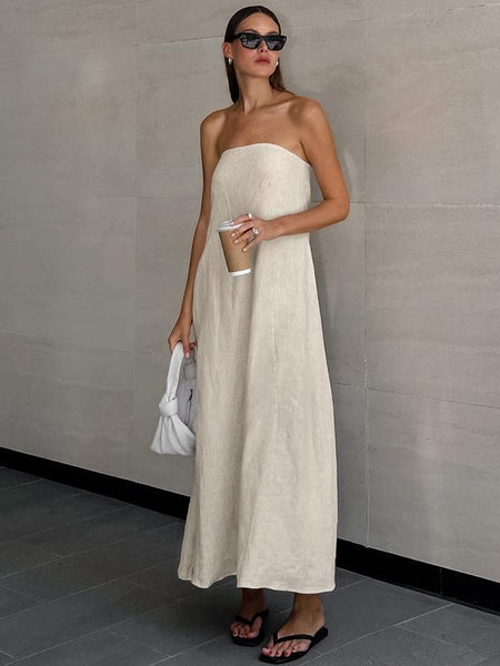 Maisie Offshoulder Holiday Tube Dress In Beige - full-length front shot on model - Miss Mosa By Akanksha