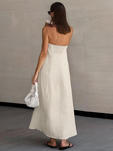 Maisie Offshoulder Holiday Tube Dress In Beige - back shot on model - Miss Mosa By Akanksha