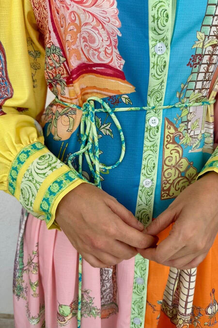 Maisto Printed Summer Maxi Dress In Multicolour - close-up of waist tie detail on model - Miss Mosa By Akanksha