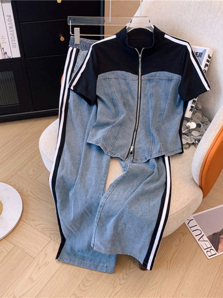 Maistro Knitted Soft Denim Co-ord Set - styled flat-lay shot, blue - Miss Mosa By Akanksha