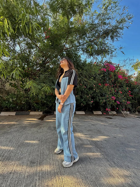 Maistro Knitted Soft Denim Co-ord Set - full-length shot on model, blue - Miss Mosa By Akanksha