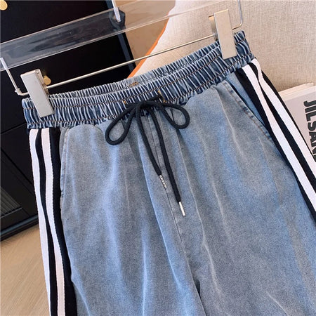 Maistro Knitted Soft Denim Co-ord Set - close-up of drawstring waistband, blue - Miss Mosa By Akanksha