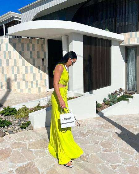 Maistro Neon Slit Maxi Dress - side shot on model, neon green - Miss Mosa By Akanksha
