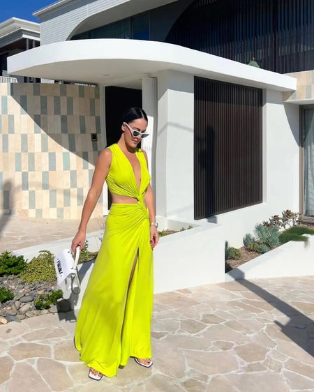 Maistro Neon Slit Maxi Dress - side shot on model, neon green - Miss Mosa By Akanksha