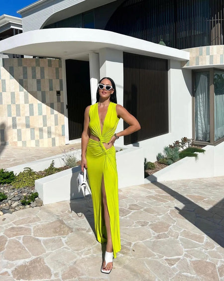 Maistro Neon Slit Maxi Dress - full-length shot on model, neon green - Miss Mosa By Akanksha