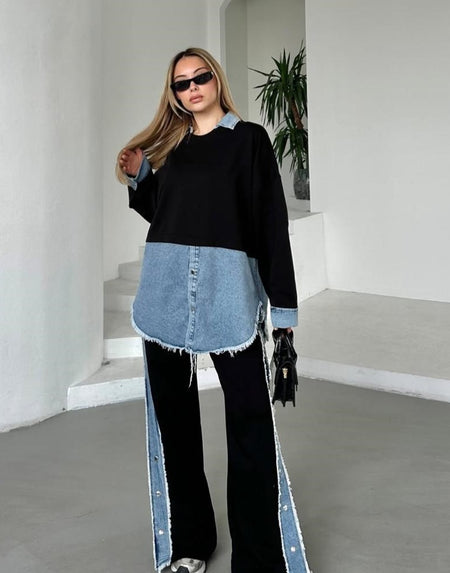 Malia Knitted Soft Denim Co-ord Set In Black - full-length shot on model - Miss Mosa By Akanksha