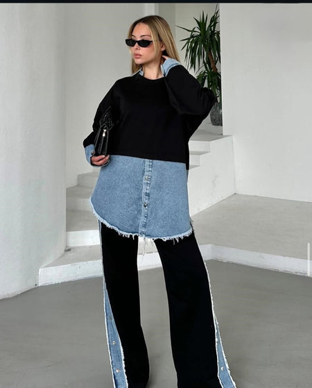 Malia Knitted Soft Denim Co-ord Set In Black - full-length shot on model - Miss Mosa By Akanksha