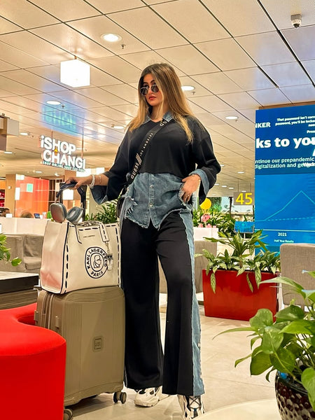 Malia Knitted Soft Denim Co-ord Set In Black - full-length shot on model - Miss Mosa By Akanksha
