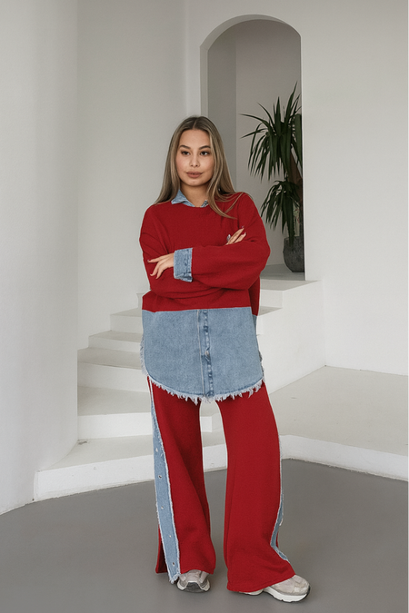 Malia Knitted Soft Denim Co-ord Set In Maroon - full-length shot on model - Miss Mosa By Akanksha