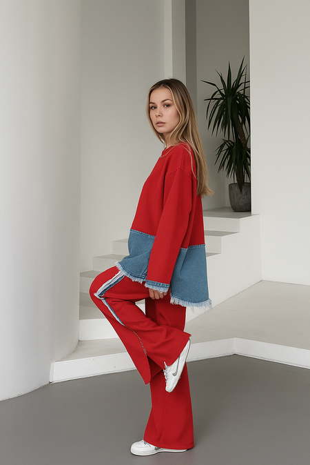 Malia Knitted Soft Denim Co-ord Set In Maroon - side shot on model - Miss Mosa By Akanksha