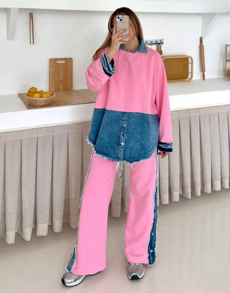Malia Knitted Soft Denim Co-ord Set In Pink - full-length shot on model - Miss Mosa By Akanksha