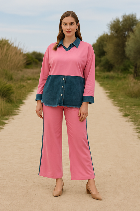Malia Knitted Soft Denim Co-ord Set In Pink - full-length shot on model - Miss Mosa By Akanksha