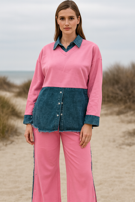 Malia Knitted Soft Denim Co-ord Set In Pink - front shot on model - Miss Mosa By Akanksha