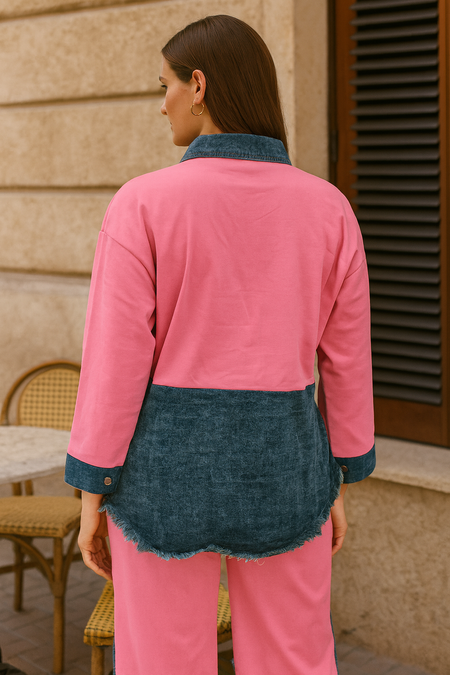 Malia Knitted Soft Denim Co-ord Set In Pink - back shot on model - Miss Mosa By Akanksha
