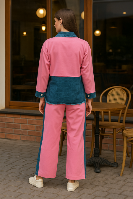 Malia Knitted Soft Denim Co-ord Set In Pink - back shot on model - Miss Mosa By Akanksha