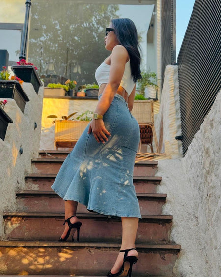 Malibu Maxi Statement Skirt - lifestyle shot on model, blue - Miss Mosa By Akanksha