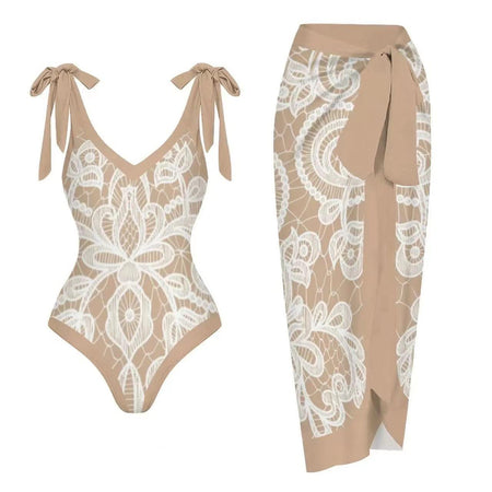 Malibu Swimsuit With Sarong In Beige - flat-lay product shot of swimsuit and sarong - Miss Mosa By Akanksha