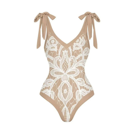 Malibu Swimsuit With Sarong In Beige - front flat-lay product shot of swimsuit - Miss Mosa By Akanksha