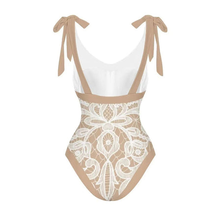 Malibu Swimsuit With Sarong In Beige - back flat-lay product shot of swimsuit - Miss Mosa By Akanksha