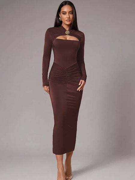 Malina Bodycon Midi Dress In Brown - front shot on model - Miss Mosa By Akanksha