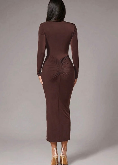 Malina Bodycon Midi Dress In Brown - back shot on model - Miss Mosa By Akanksha