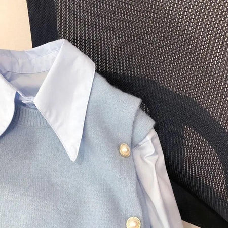 Malta Two Piece Shirt & Knit Vest Set - close-up of vest buttons, blue - Miss Mosa By Akanksha