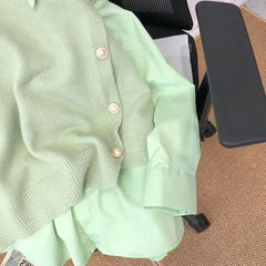 Malta Two Piece Shirt & Knit Vest Set - close-up of vest buttons, green - Miss Mosa By Akanksha