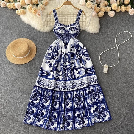 Manchester Porcelain Print Maxi Dress In Blue - flat-lay product shot, blue - Miss Mosa By Akanksha