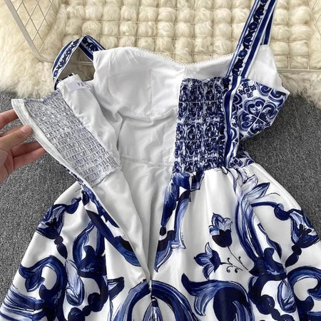 Manchester Porcelain Print Maxi Dress In Blue - close-up of back, blue - Miss Mosa By Akanksha