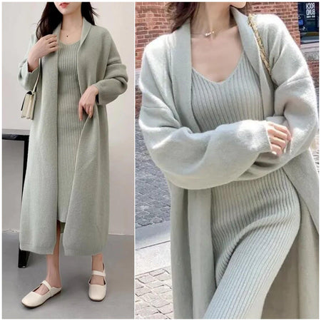 Manie Bodycon Dress with Woolen Coat - full-length shot on model, sage green - Miss Mosa By Akanksha