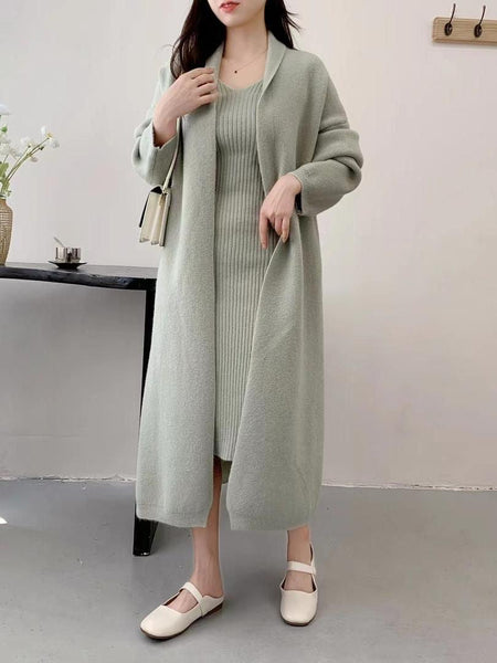 Manie Bodycon Dress with Woolen Coat - full-length shot on model, sage green - Miss Mosa By Akanksha